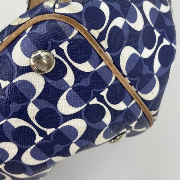 Coach Shoulder Bag Blue White C Logo Beige Leather Handles Trim 3-Compartment - Picture 6 of 16